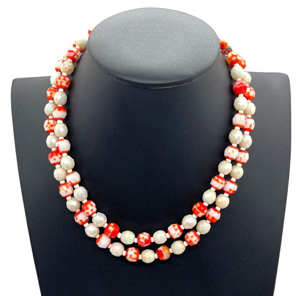 West Germany Retro Necklace 2 Strand Faceted White Orange Beaded Necklace